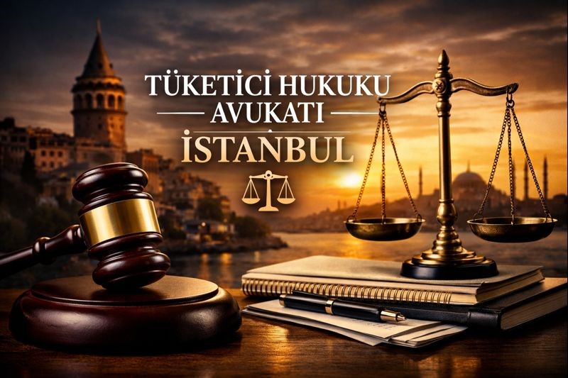 İstanbul silüeti önünde adalet terazisi ve hakim tokmağı; Tüketici Hukuku Avukatı İstanbul başlıklı öne çıkarılmış görsel.