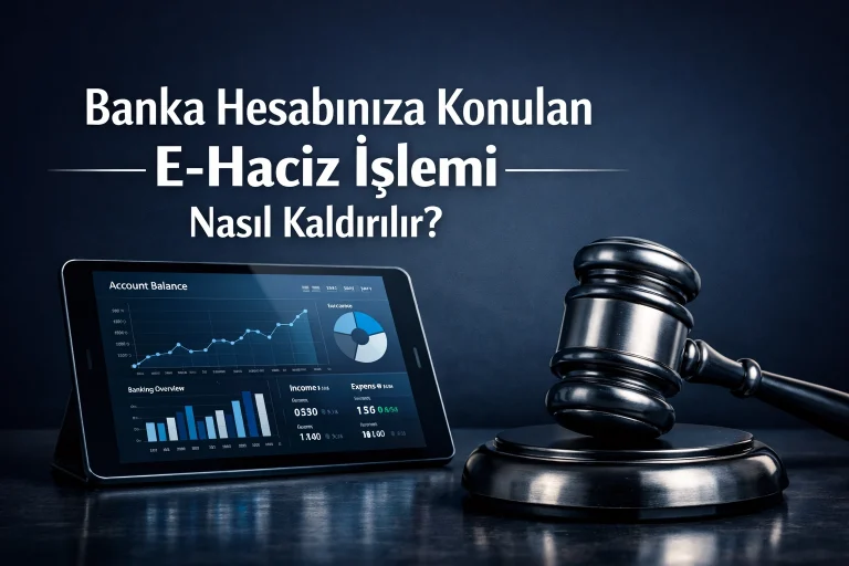 Banka hesabınıza konulan e haciz işleminin hukuki yollarla nasıl kaldırılacağını temsil eden dijital bankacılık ve hukuk illüstrasyonu.