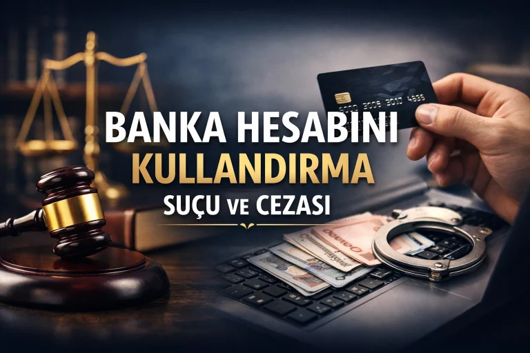 Banka hesabını kullandırma suçu ve cezası: tokmak, adalet terazisi, kredi kartı, para ve kelepçe görseli