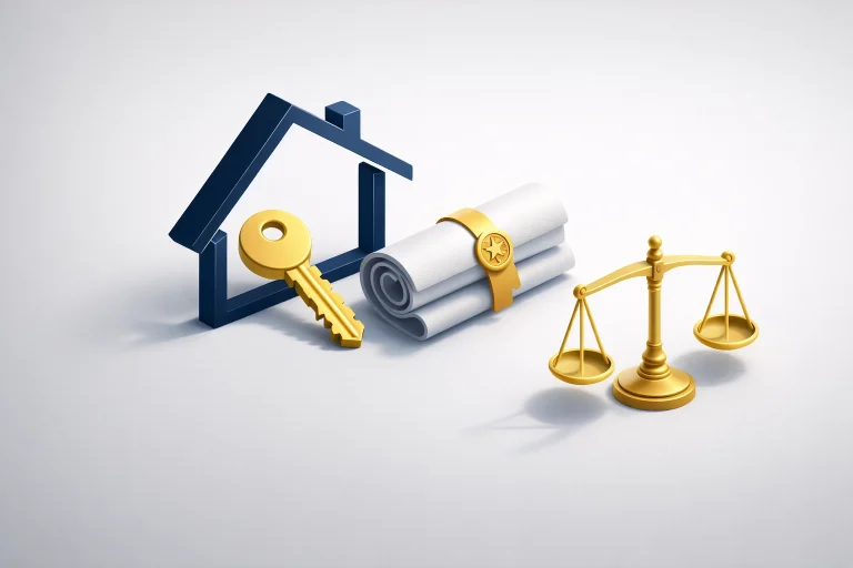 Gayrimenkul avukatı hizmetlerini simgeleyen 3D izometrik görsel: ev, altın anahtar, tapu senedi ve adalet terazisi