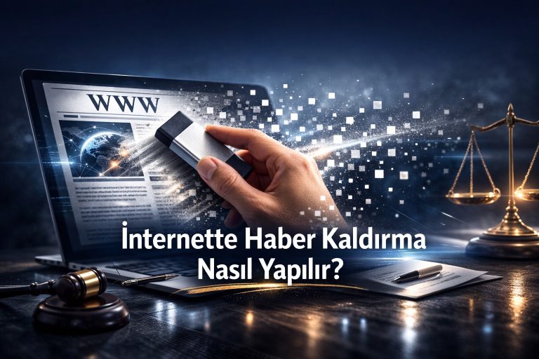 Ekrandaki dijital haber sayfası silgiyle silinirken piksele dönüşüyor; internette haber kaldırma ve unutulma hakkını simgeleyen görsel.