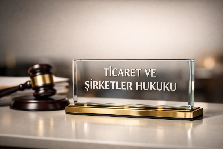 Ticaret ve şirketler hukuku alanını temsil eden cam–altın masa plakası; “TİCARET VE ŞİRKETLER HUKUKU” yazısı, yanında tokmak ve hukuki belgeler.
