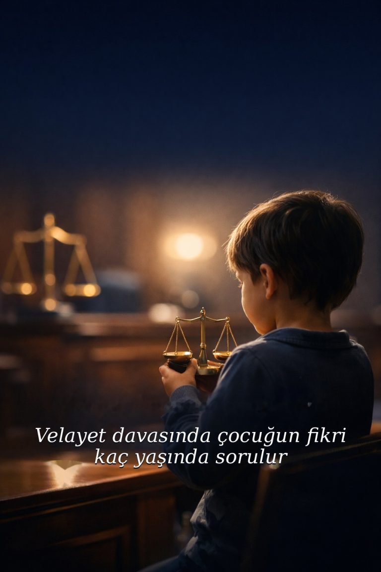 Mahkeme salonunda adalet terazisi tutan çocuğun silüeti; velayet davasında çocuğun fikrinin kaç yaşında sorulduğunu anlatan görsel.