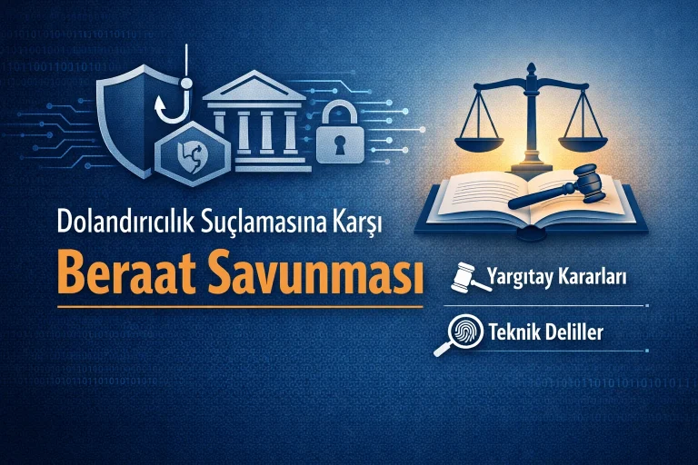 Phishing nedeniyle ele geçirilen banka hesabı üzerinden yöneltilen dolandırıcılık suçlamasına karşı beraat savunmasını anlatan; banka, kilit, kalkan, terazi ve teknik delil simgeleri içeren hukuki kapak görseli.