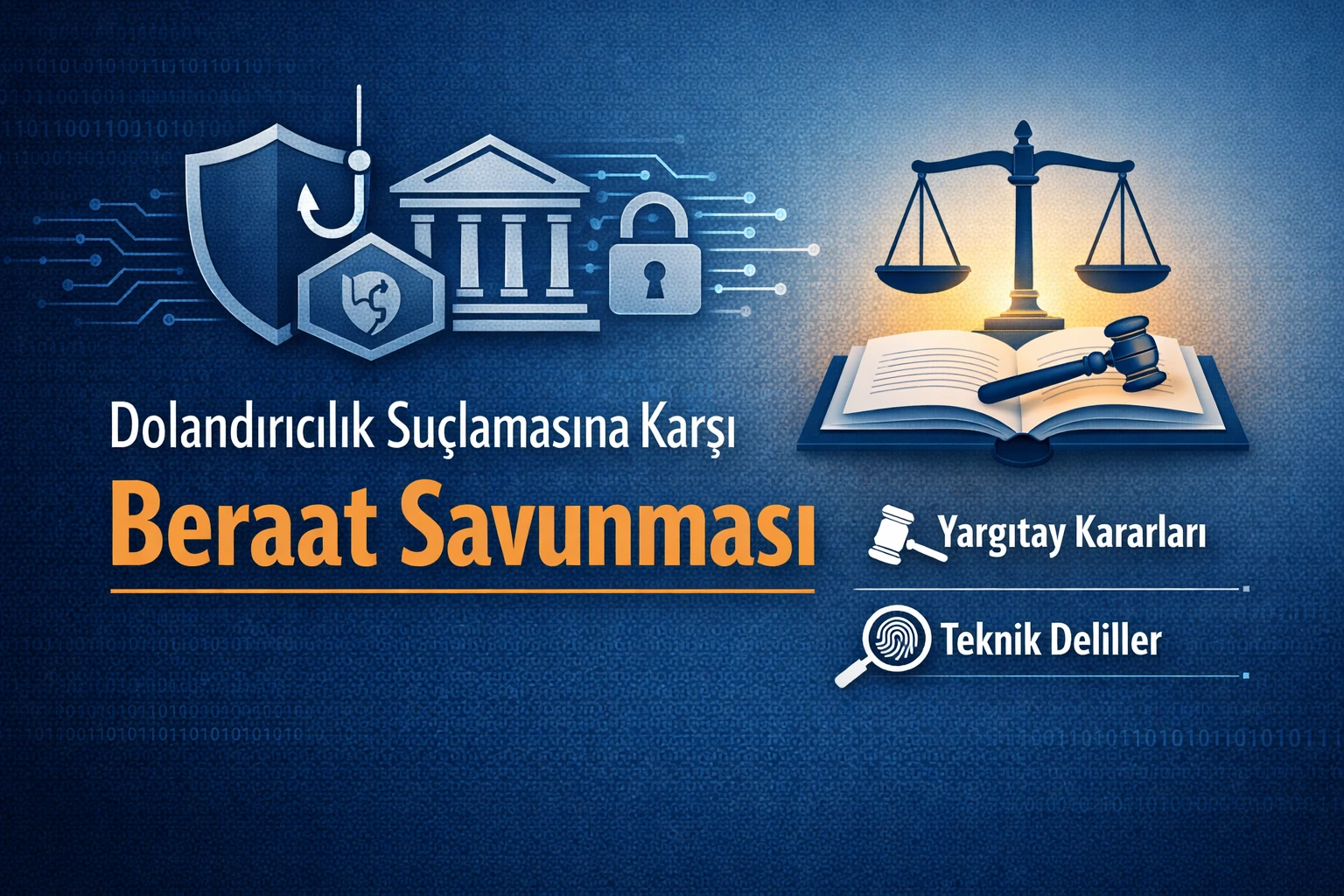Phishing nedeniyle ele geçirilen banka hesabı üzerinden yöneltilen dolandırıcılık suçlamasına karşı beraat savunmasını anlatan; banka, kilit, kalkan, terazi ve teknik delil simgeleri içeren hukuki kapak görseli.