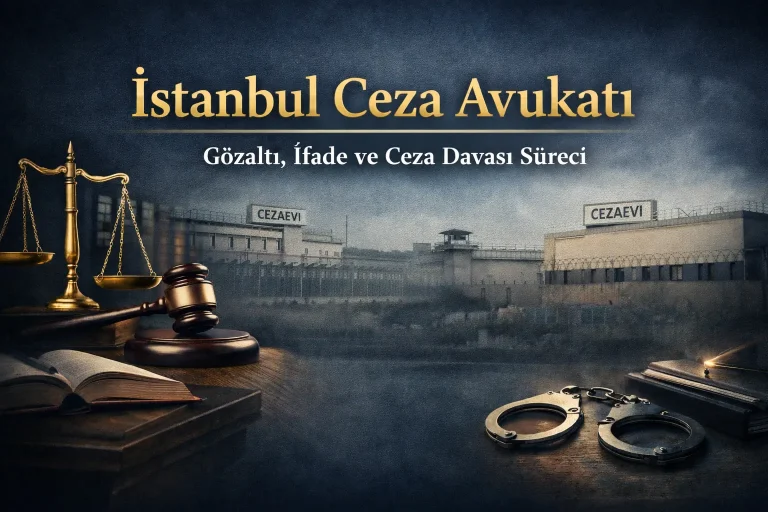 İstanbul ceza avukatı görseli; fonda cezaevi yapısı, önde terazi, tokmak, kitap ve kelepçe bulunan 16:9 hukuk temalı kapak tasarımı.