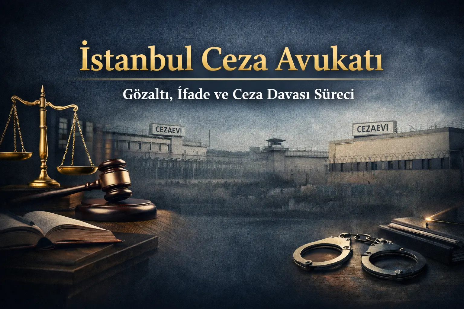 İstanbul ceza avukatı görseli; fonda cezaevi yapısı, önde terazi, tokmak, kitap ve kelepçe bulunan 16:9 hukuk temalı kapak tasarımı.