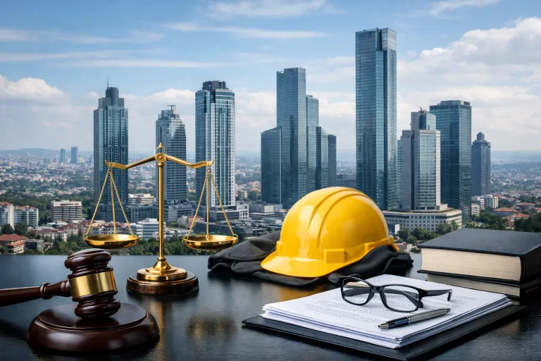 İstanbul iş avukatı konulu görselde adalet terazisi, hâkim tokmağı, hukuki belgeler ve İstanbul plazaları arka planda yer alıyor.