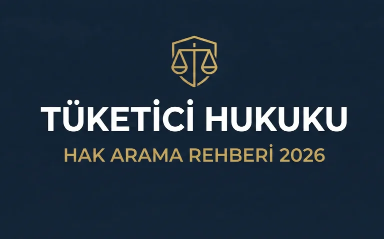Koyu lacivert zemin üzerinde terazi simgesi ve Tüketici Hukuku Hak Arama Rehberi 2026 yazısı. Tüketici avukatı ile hakem heyeti ve mahkeme başvuru yolları.