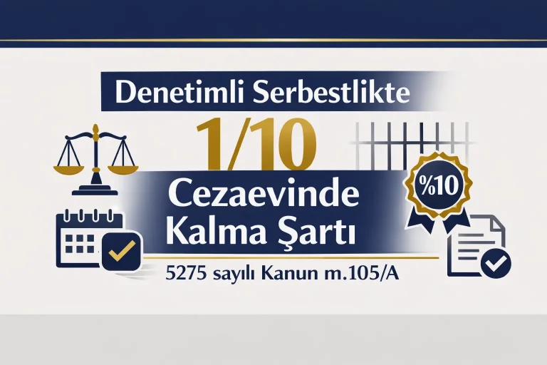Denetimli serbestlikte 1/10 cezaevinde kalma şartını anlatan, 5275 sayılı Kanun m.105/A ibareli hukuki bilgilendirme görseli.