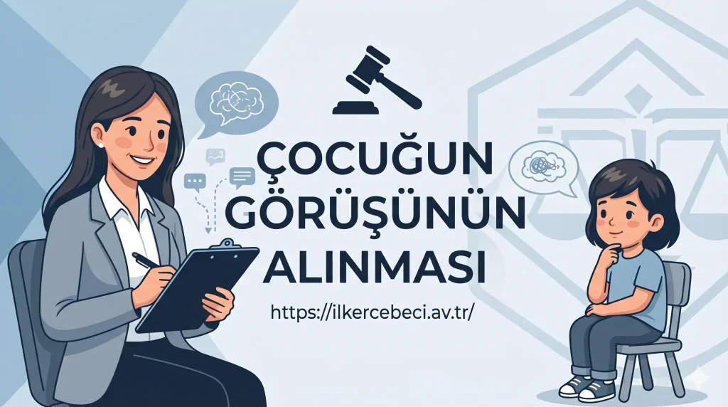 Boşanma ve velayet davalarında uzman pedagog huzurunda çocuğun görüşünün alınması sürecini temsil eden hukuki illüstrasyon.