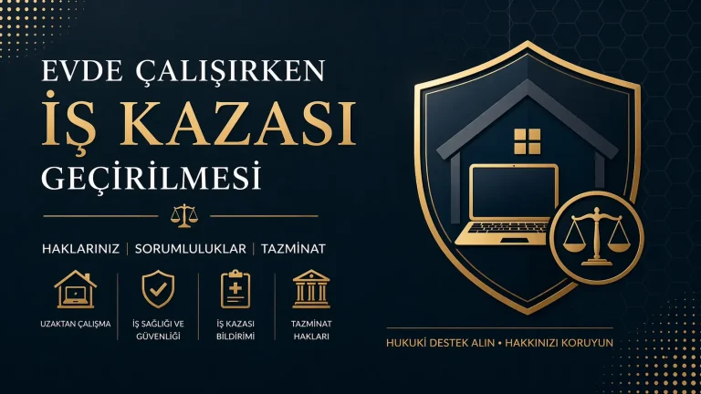 Evde çalışırken iş kazası geçirilmesini konu alan, lacivert ve altın tonlarında hazırlanmış hukuki infografik; ev, dizüstü bilgisayar, terazi, iş sağlığı ve güvenliği, iş kazası bildirimi ve tazminat hakları simgeleri içerir.
