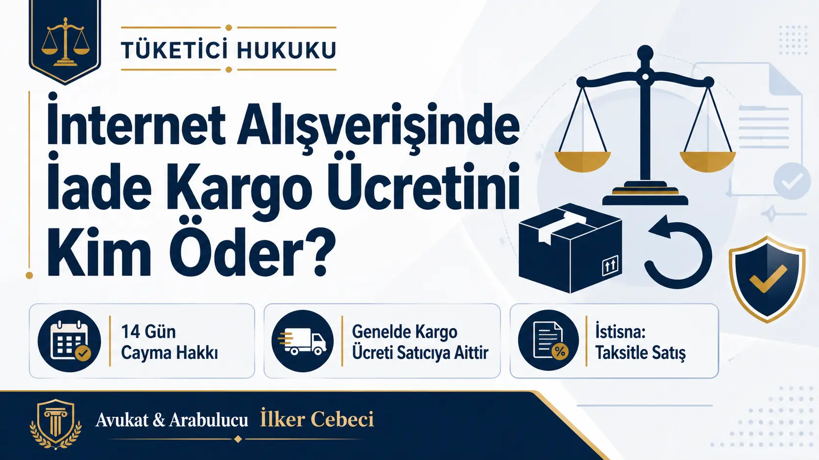 İnternet alışverişinde iade kargo ücretini kim öder sorusunu, cayma hakkı, satıcı sorumluluğu ve taksitle satış istisnası yönünden açıklayan tüketici hukuku görseli