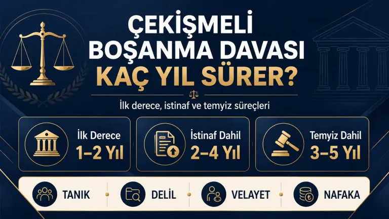 Çekişmeli boşanma davası kaç yıl sürer görseli: ilk derece 1–2 yıl, istinaf dahil 2–4 yıl, temyiz dahil 3–5 yıl; tanık, delil, velayet ve nafaka unsurlarını gösteren hukuki infografik.