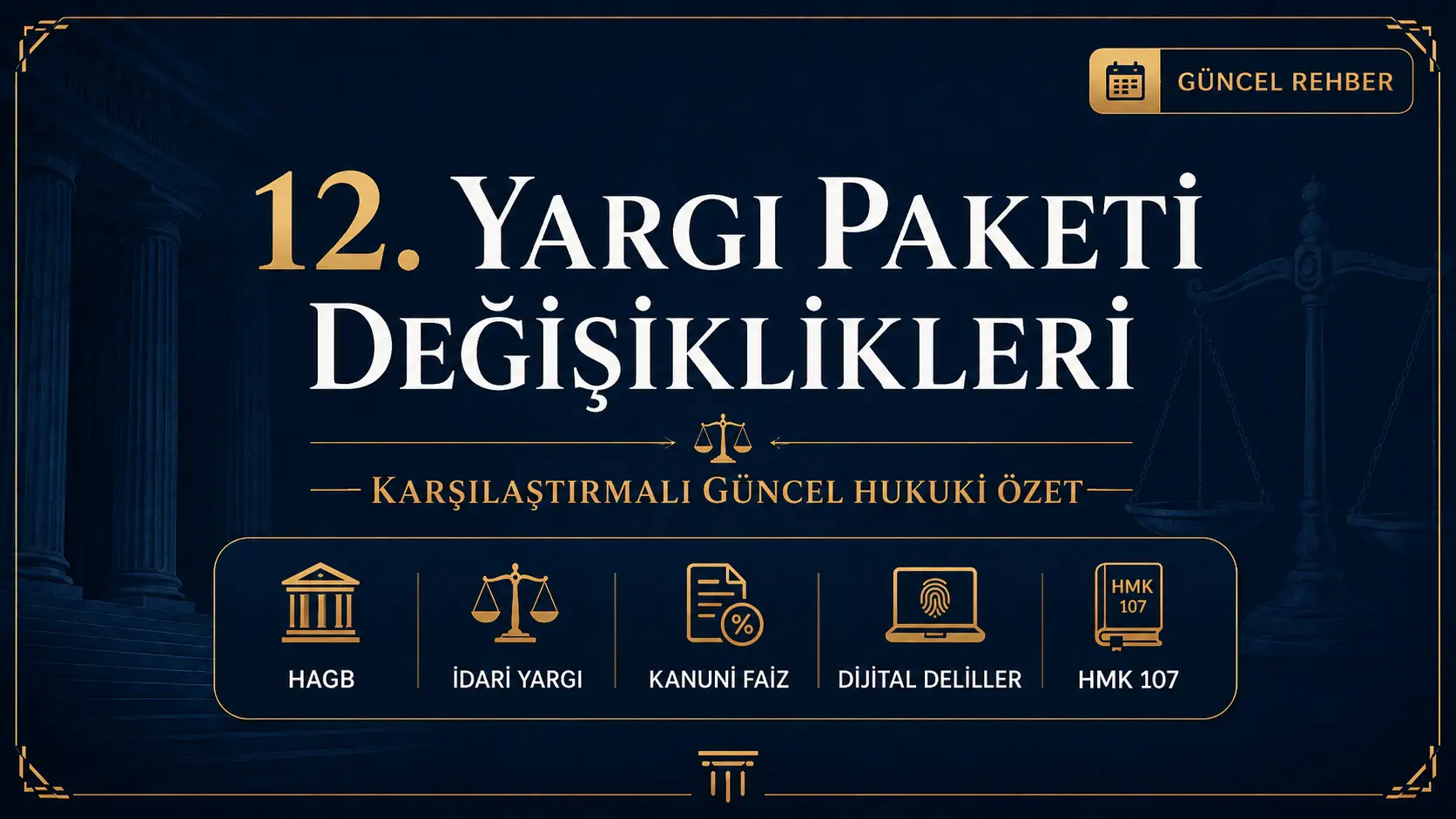 12. Yargı Paketi değişikliklerini özetleyen, HAGB, idari yargı, kanuni faiz, dijital deliller ve HMK 107 başlıklarına odaklanan karşılaştırmalı güncel hukuk rehberi.