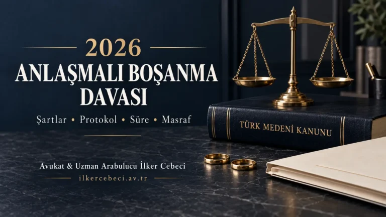 2026 yılı anlaşmalı boşanma davası; hukuk kitabı, adalet terazisi ve iki alyans içeren kurumsal kapak görseli.