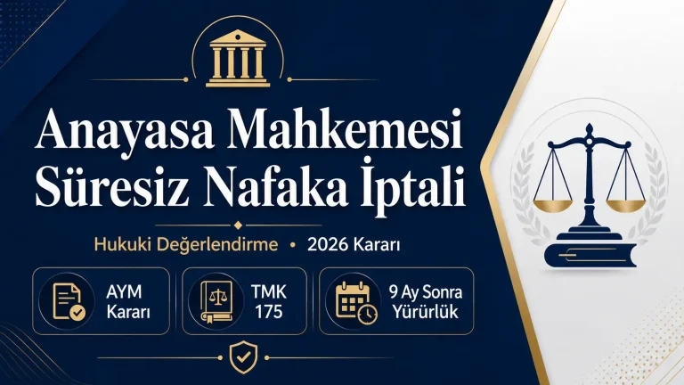 Anayasa Mahkemesi süresiz nafaka iptali kararı hakkında hukuki değerlendirme görseli; AYM kararı, TMK 175 ve 9 ay sonra yürürlük bilgilerini içeren resmi hukuk temalı tasarım.