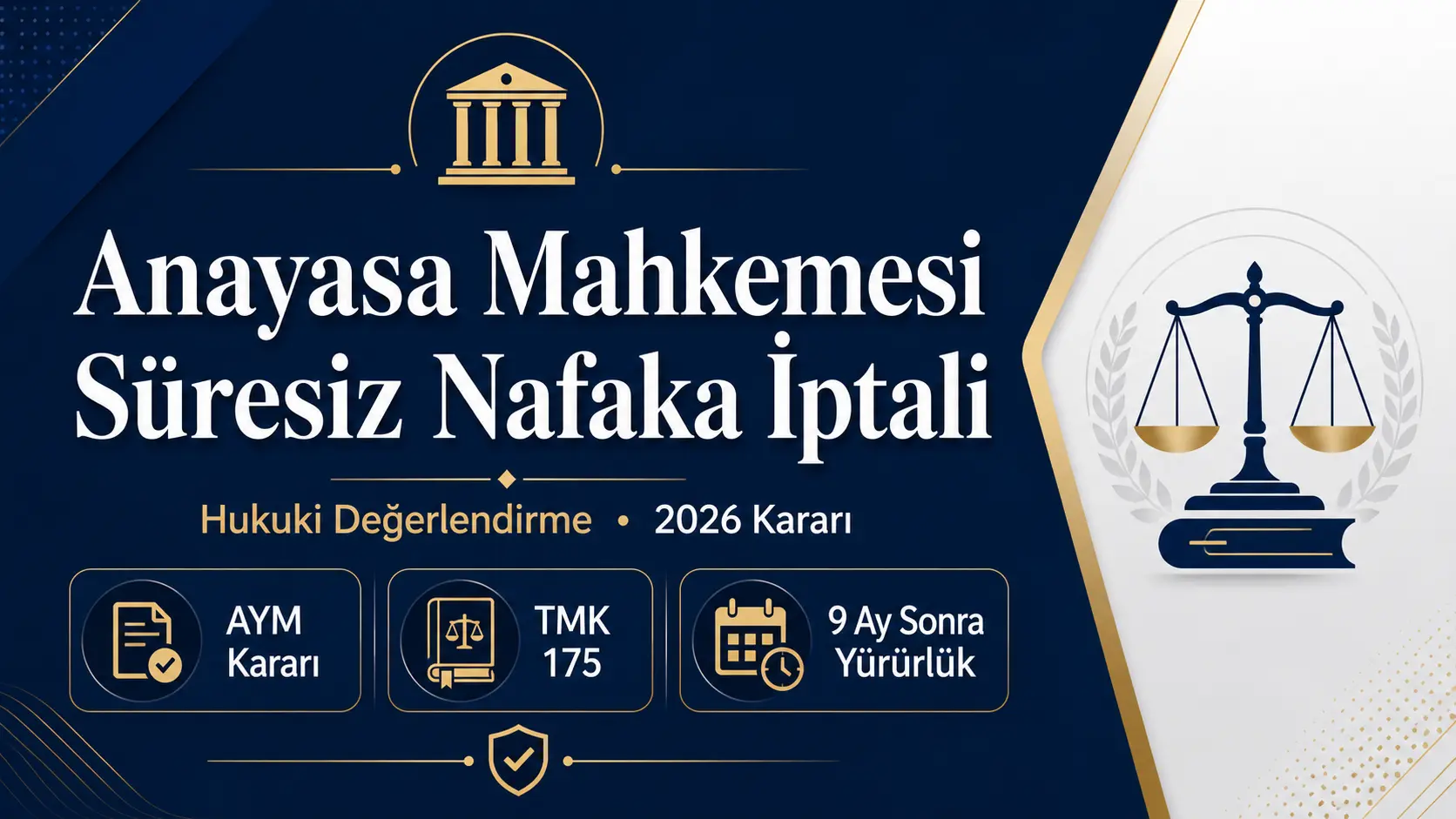 Anayasa Mahkemesi süresiz nafaka iptali kararı hakkında hukuki değerlendirme görseli; AYM kararı, TMK 175 ve 9 ay sonra yürürlük bilgilerini içeren resmi hukuk temalı tasarım.