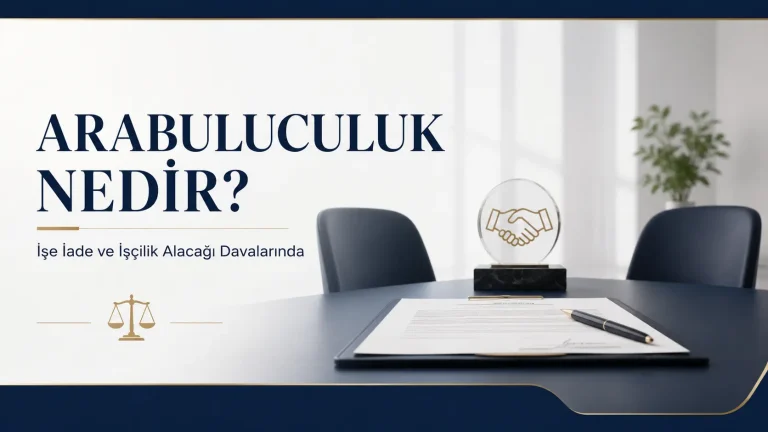 Arabuluculuk nedir sorusunu ve iş davalarında zorunlu arabuluculuk sürecini anlatan kurumsal hukuk görseli.