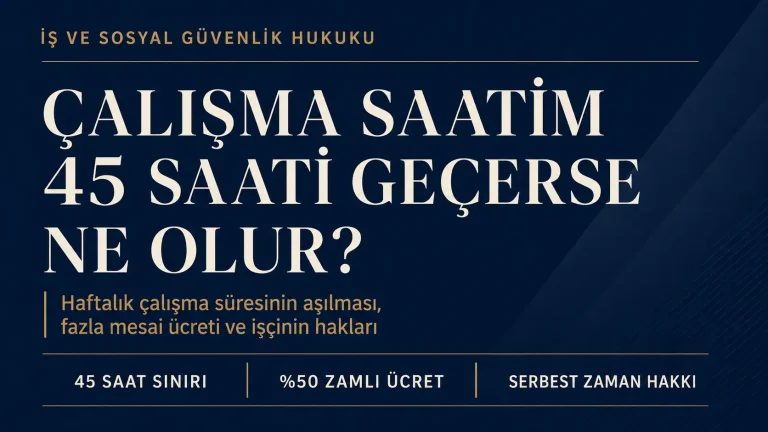 Çalışma saatim 45 saati geçerse ne olur sorusunu, fazla mesai ücreti ve işçinin hakları kapsamında açıklayan kurumsal iş hukuku görseli.
