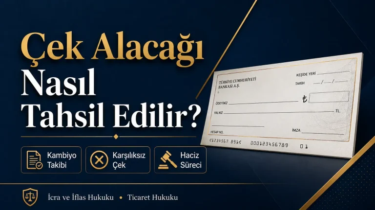 Çek alacağı nasıl tahsil edilir, kambiyo takibi, karşılıksız çek ve haciz sürecini anlatan resmi hukuk görseli.