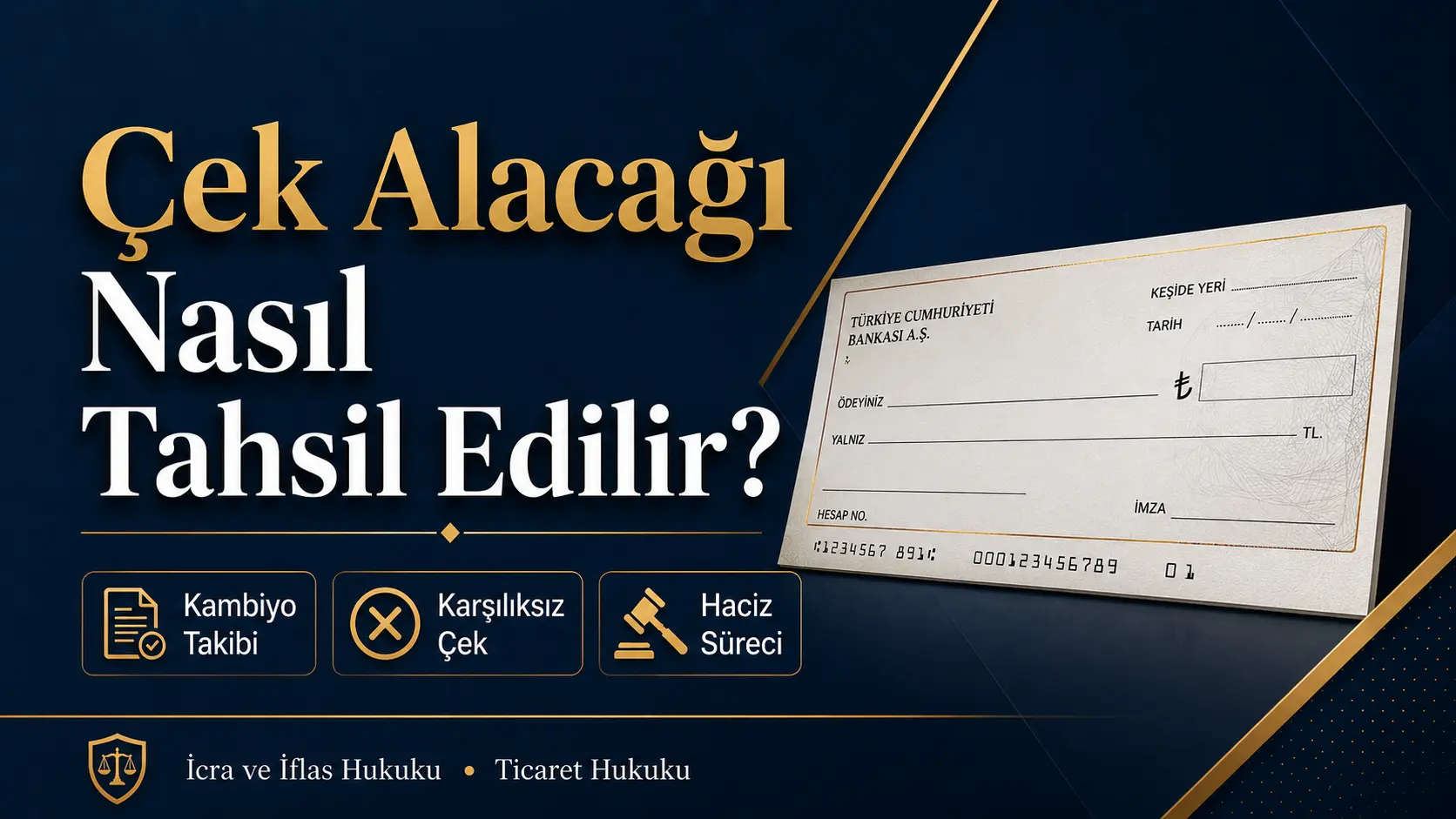 Çek alacağı nasıl tahsil edilir, kambiyo takibi, karşılıksız çek ve haciz sürecini anlatan resmi hukuk görseli.