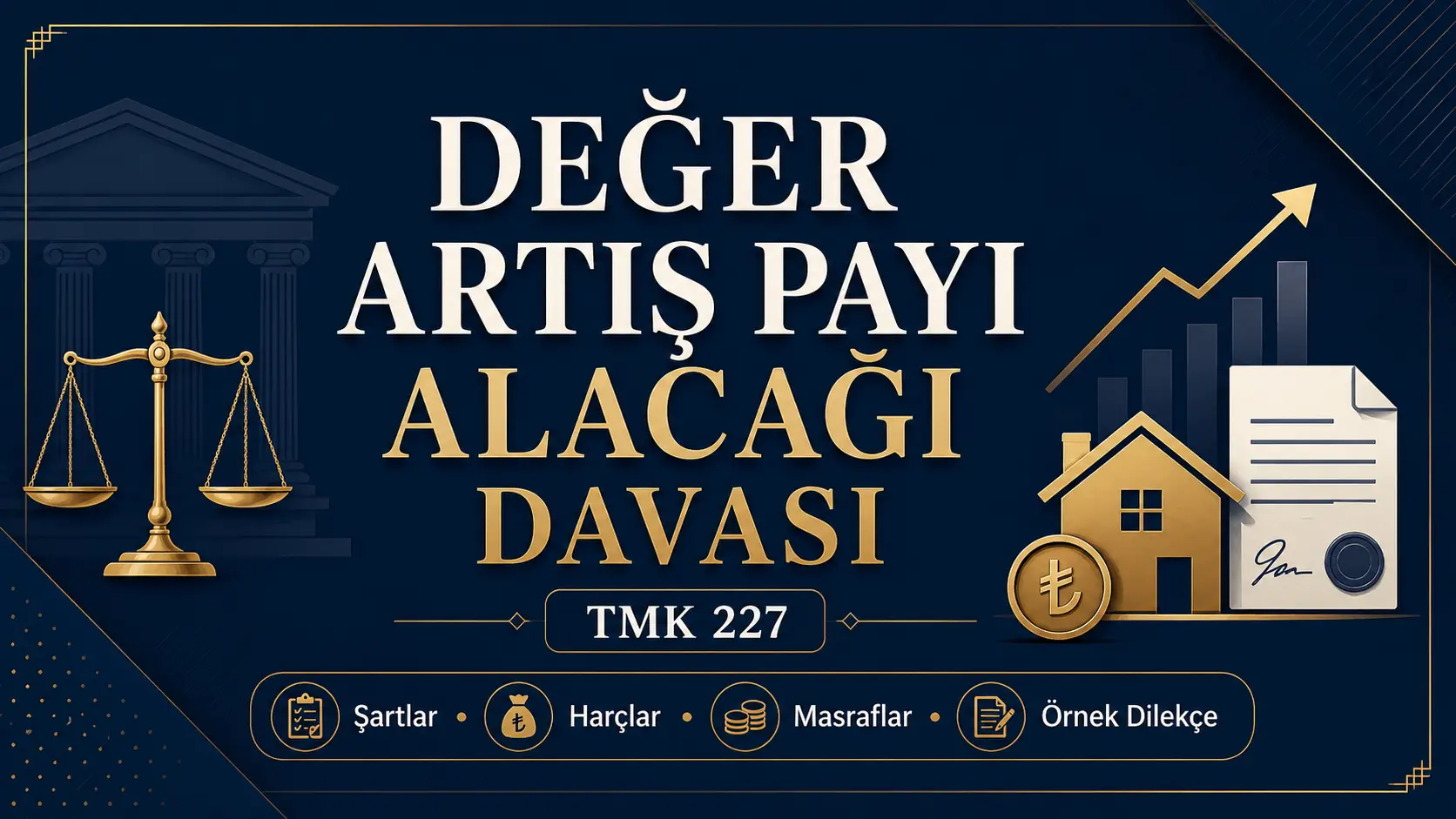 Değer artış payı alacağı davası, TMK 227, mal paylaşımı, harçlar ve örnek dilekçe konularını simgeleyen resmi hukuki görsel.