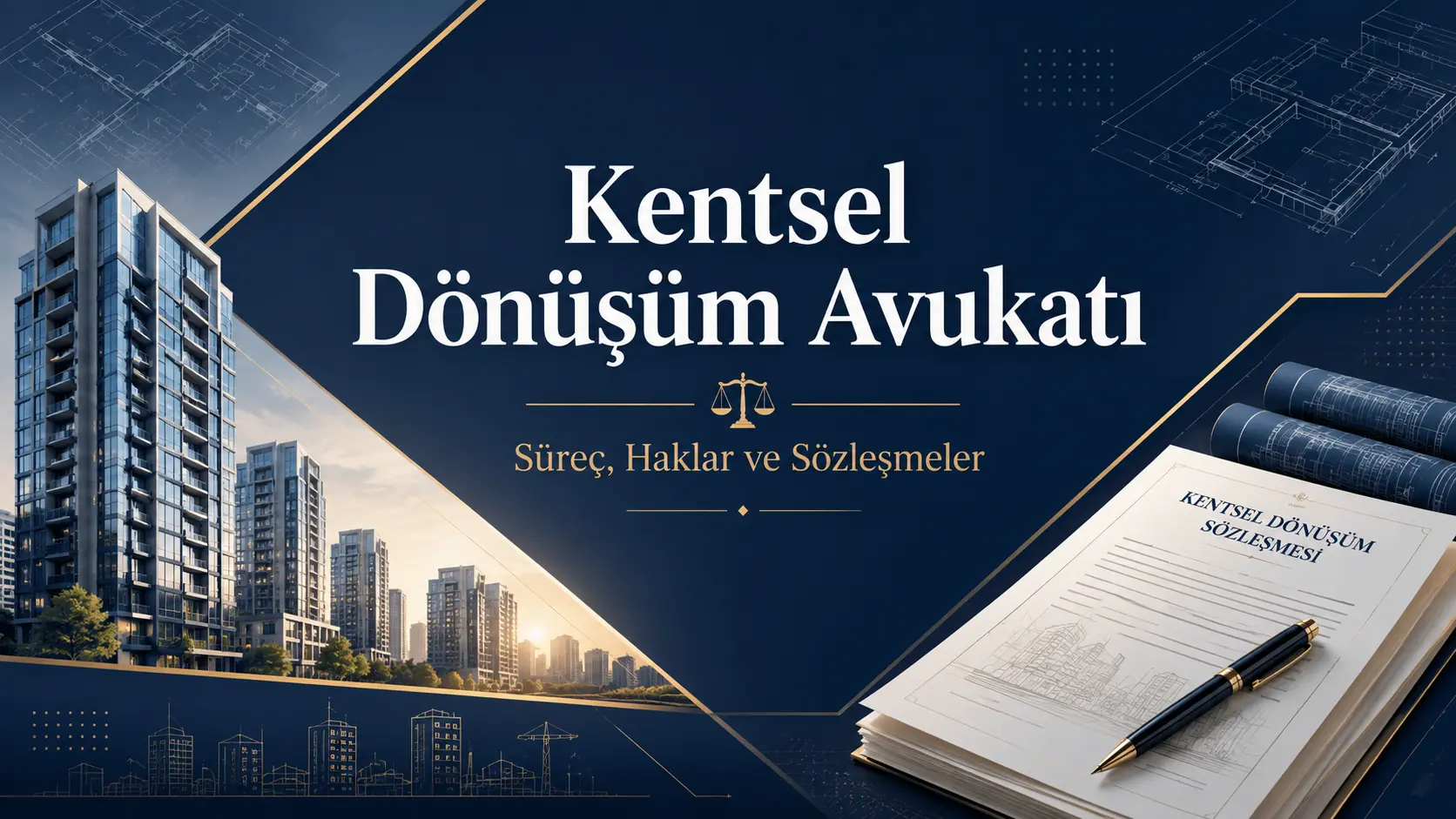 Kentsel dönüşüm avukatı konulu makale için hazırlanan, modern binalar, mimari planlar ve kentsel dönüşüm sözleşmesi içeren hukuk temalı öne çıkarılmış görsel.