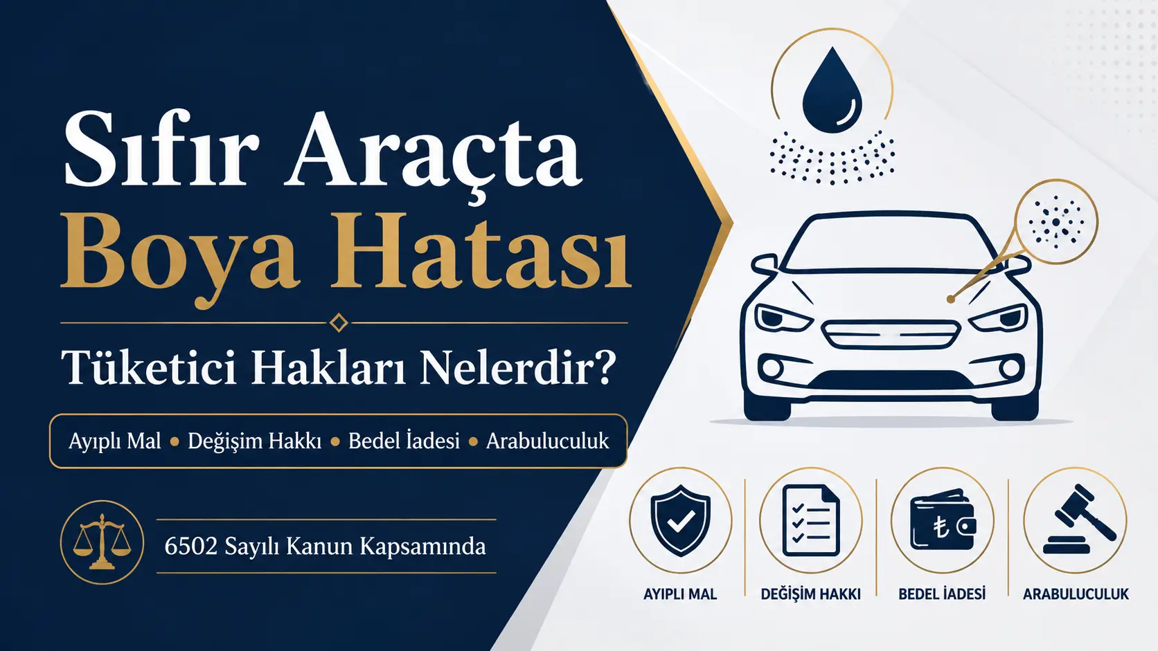 Sıfır araçta boya hatası halinde ayıplı mal, değişim hakkı, bedel iadesi ve arabuluculuk sürecini anlatan hukuki görsel