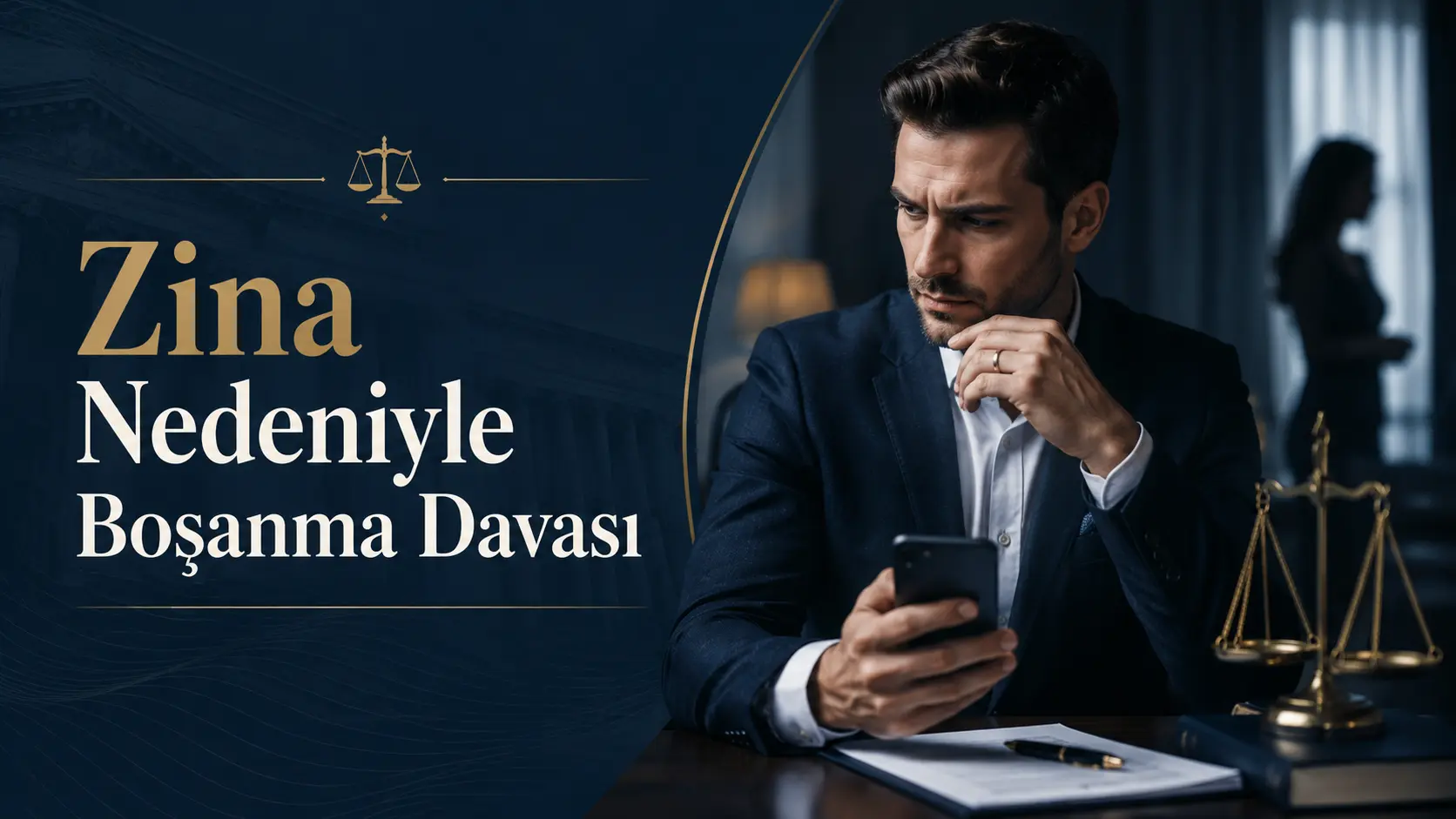 Zina nedeniyle boşanma davasında aldatan erkek eş, dijital deliller ve adalet terazisini gösteren kurumsal hukuk görseli