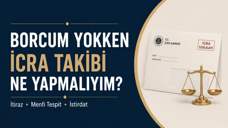 Borcu olmadığı halde hakkında icra takibi başlatılan kişinin başvurabileceği itiraz, menfi tespit ve istirdat yollarını simgeleyen; icra tebligat zarfı ve adalet terazisi içeren kurumsal hukuk görseli.
