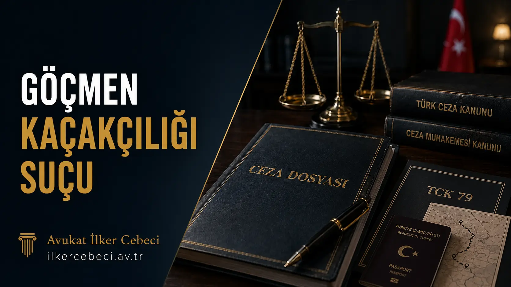 TCK 79 kapsamında göçmen kaçakçılığı suçunu temsil eden adalet terazisi ve sınır güzergâhı görseli