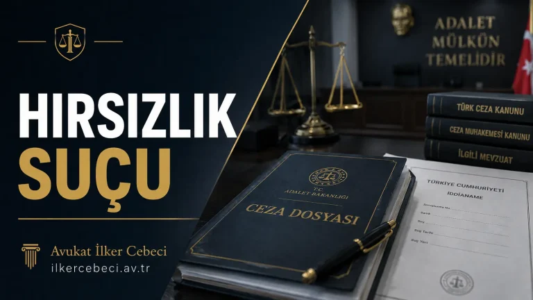 Hırsızlık suçu hakkında ceza hukuku makalesi için hazırlanmış, adalet terazisi ve ceza dosyası temalı kurumsal hukuk görseli.