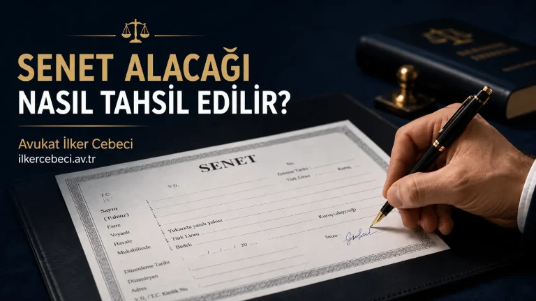 Senet alacağı nasıl tahsil edilir sorusunu anlatan, Türk senedi üzerinde imza atan el ve Avukat İlker Cebeci bilgilerini içeren hukuki öne çıkarılmış görsel.