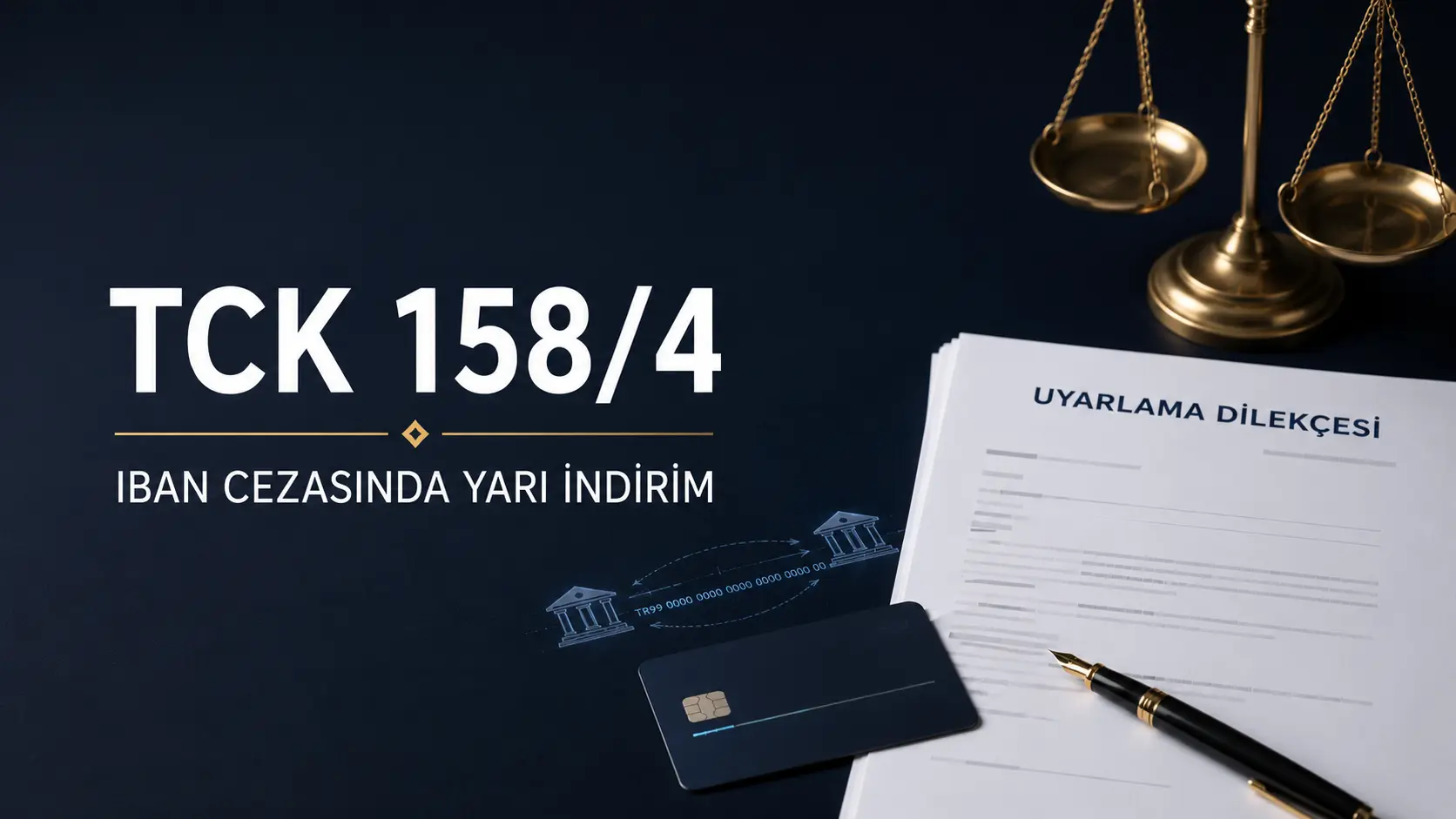 TCK 158/4 uyarlama dilekçesi, IBAN cezasında yarı indirim, banka kartı ve adalet terazisi görseli
