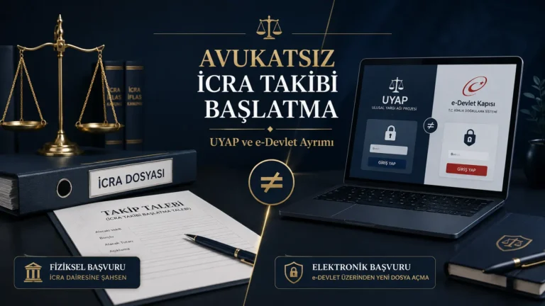 Avukatsız icra takibi başlatma ile UYAP ve e-Devlet ayrımını simgeleyen icra dosyası, adalet terazisi ve güvenli dijital ekran