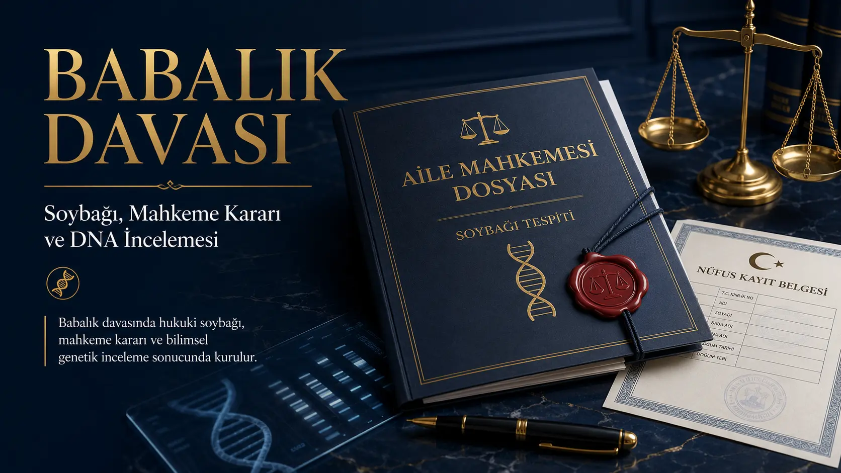 Babalık davasında soybağı tespiti ve DNA incelemesini simgeleyen mühürlü aile mahkemesi dosyası ile adalet terazisi