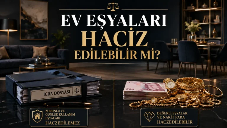 Ev eşyaları haczedilebilir mi sorusunu anlatan, icra dosyası, ev eşyaları, nakit para ve ziynet eşyaları bulunan kurumsal hukuk görseli.