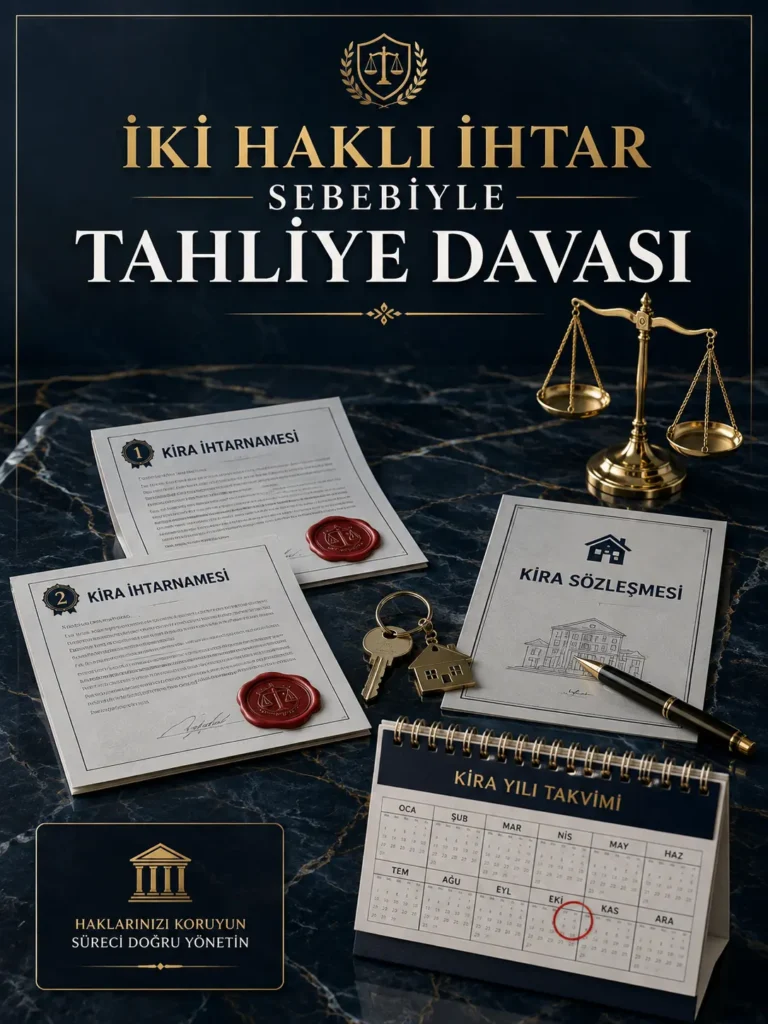 İki haklı ihtar sebebiyle tahliye davasını simgeleyen iki mühürlü kira ihtarı, kira sözleşmesi, anahtar ve adalet terazisi