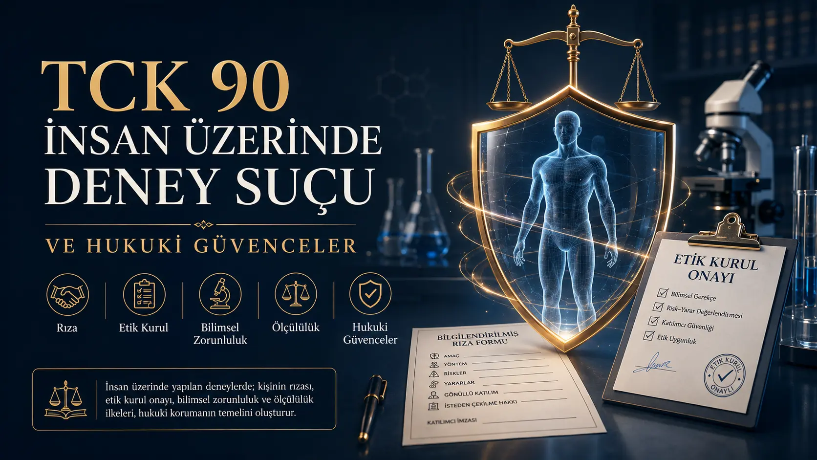 TCK 90 insan üzerinde deney suçunda rıza, etik kurul ve hukuk güvencelerini simgeleyen adalet terazisi ile korunan insan figürü