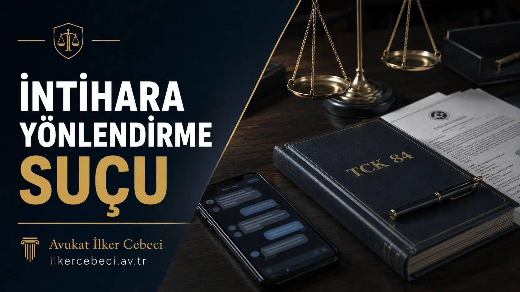 TCK 84 kapsamında intihara yönlendirme suçunu simgeleyen dijital mesajlar, kişi silüeti, adalet terazisi ve ceza hukuku kitapları