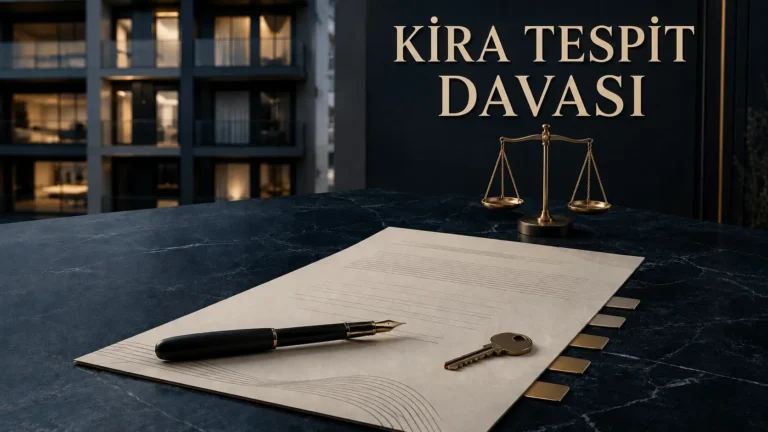 Kira tespit davasını simgeleyen kira sözleşmesi, ev anahtarı ve adalet terazisi