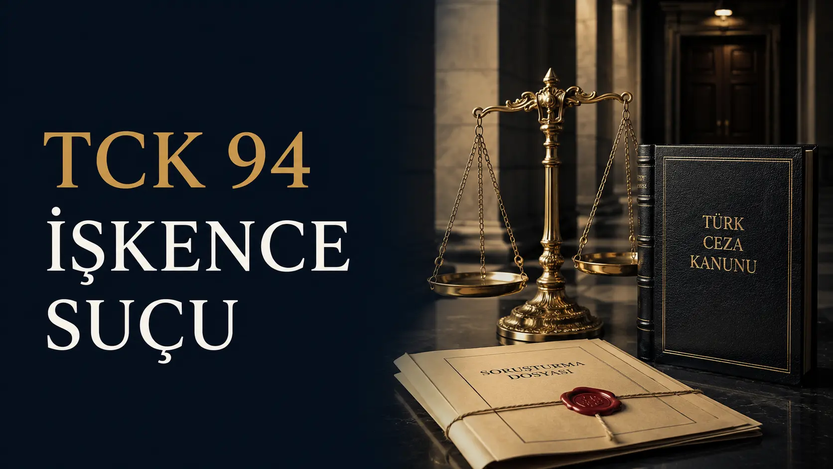 TCK 94 işkence suçunu simgeleyen Türk Ceza Kanunu kitabı, mühürlü soruşturma dosyası ve adalet terazisinin yer aldığı kurumsal hukuk görseli.