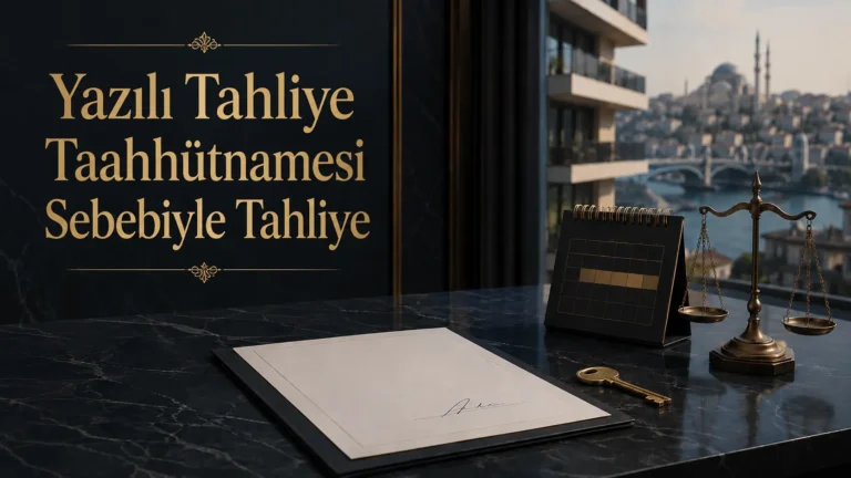 Yazılı tahliye taahhütnamesi sebebiyle tahliye sürecini simgeleyen imzalı belge, anahtar, takvim ve adalet terazisi bulunan hukuk bürosu görseli.