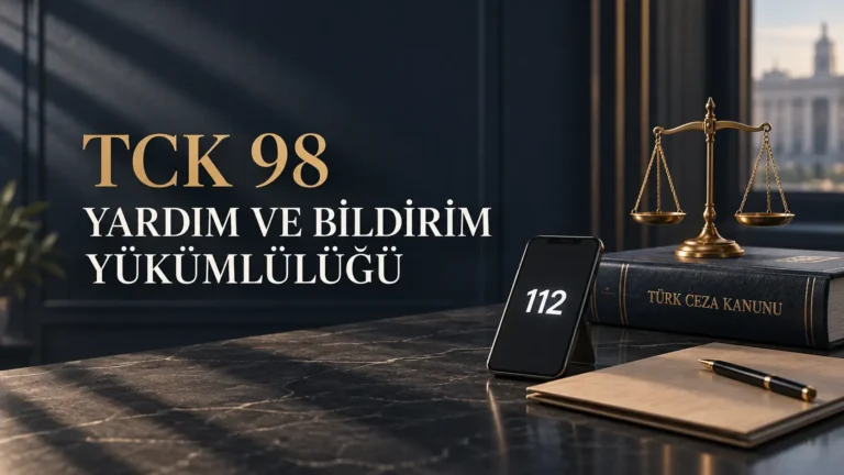 tck 98 Yardım ve bildirim yükümlülüğünü temsil eden acil çağrı telefonu, adalet terazisi ve hukuk kitabı
