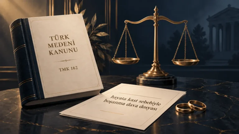 Türk Medeni Kanunu ve adalet terazisiyle hayata kast nedeniyle boşanma davasını anlatan sade hukuk görseli