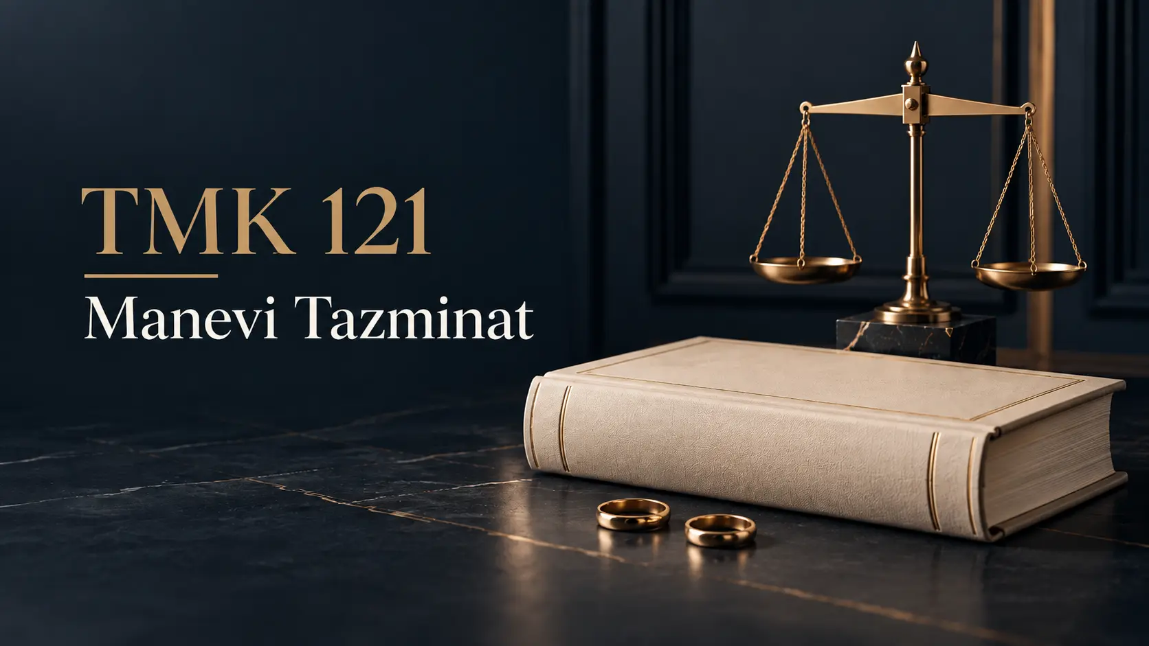 Nişanın bozulmasında manevi tazminatı simgeleyen iki yüzük, hukuk kitabı ve geometrik terazi.