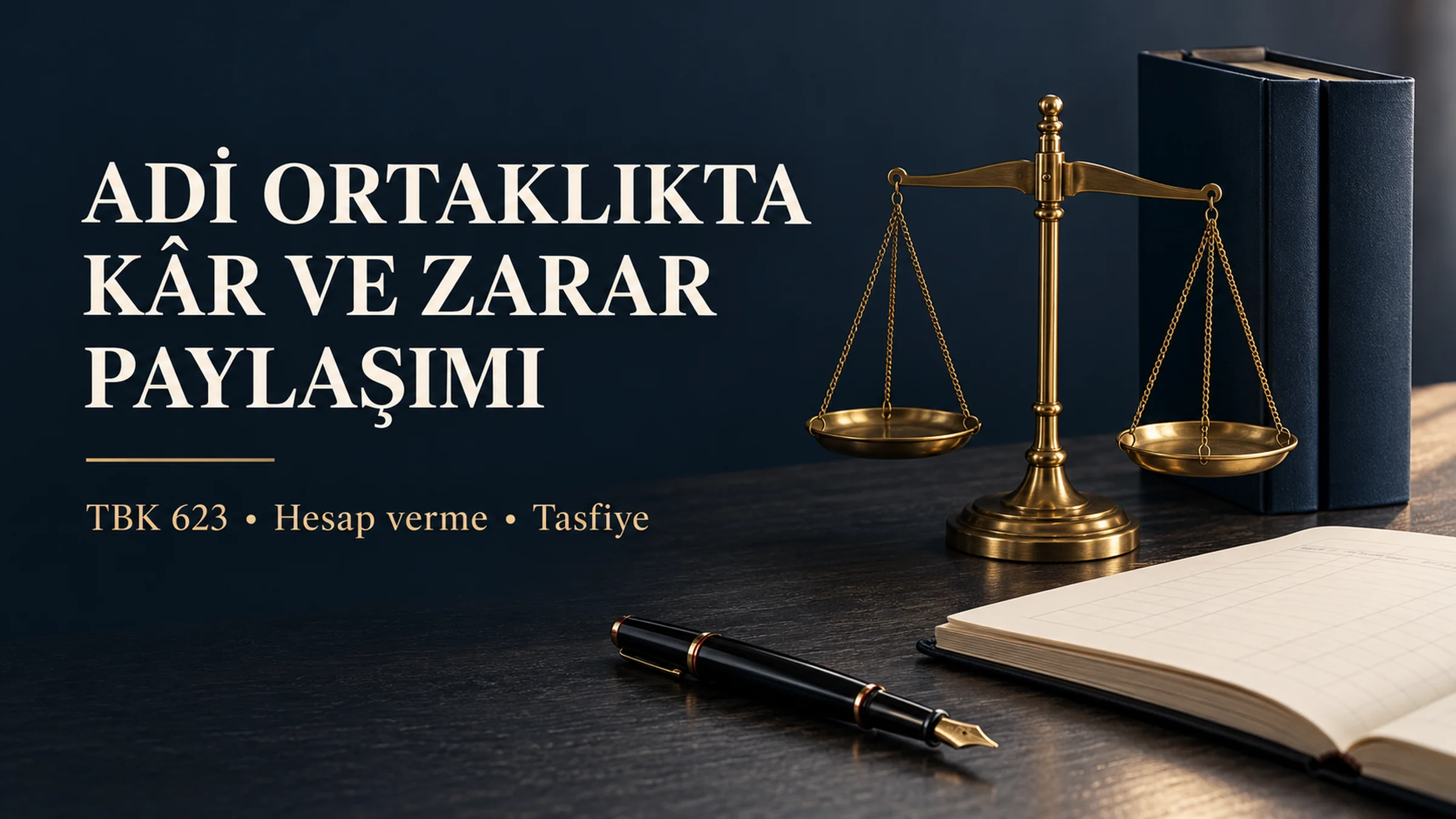 Adi ortaklıkta kâr ve zarar paylaşımı başlığı, hesap defteri, hukuk kitapları ve terazi