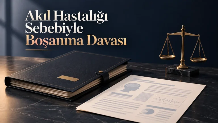 TMK 165 kapsamında akıl hastalığı sebebiyle boşanmayı temsil eden hukuk dosyası ve sağlık kurulu raporu temalı kompozisyon.
