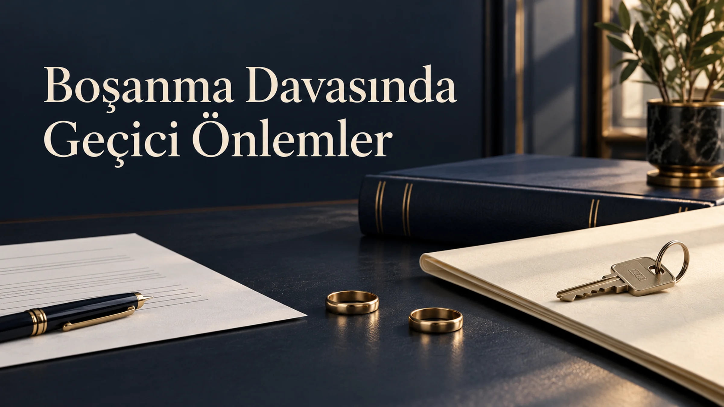 Boşanma davasında geçici önlemleri temsil eden konut anahtarı, yüzükler ve hukuk dosyası